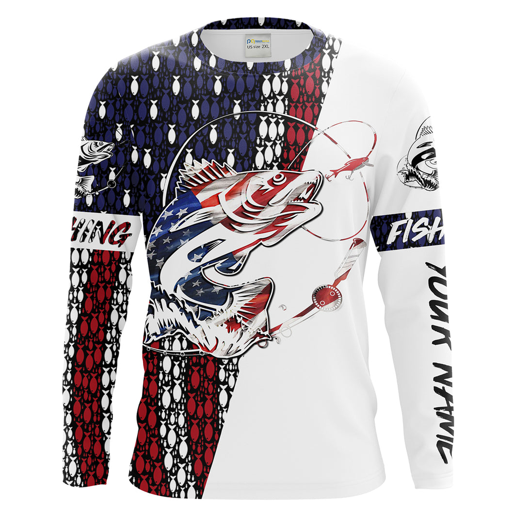 Mens Walleye Fishing American Flag Patriotic 4th of July Performance Long Sleeves Shirt - SDF2