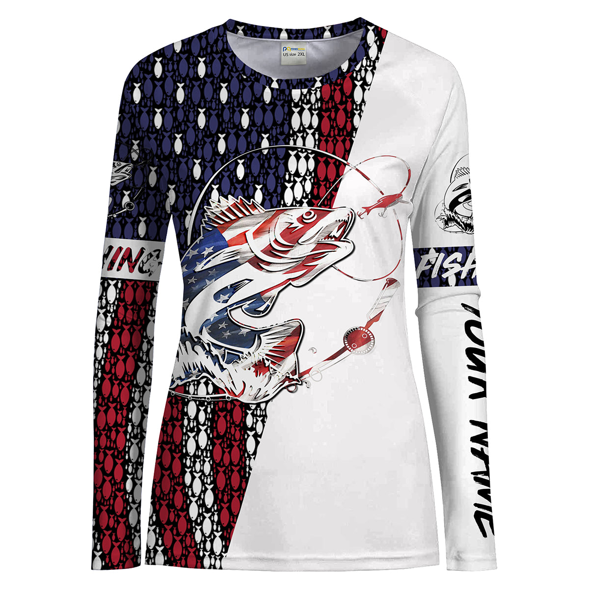 Womens Walleye Fishing American Flag Patriotic 4th of July Performance Long Sleeves Shirt - SDF2