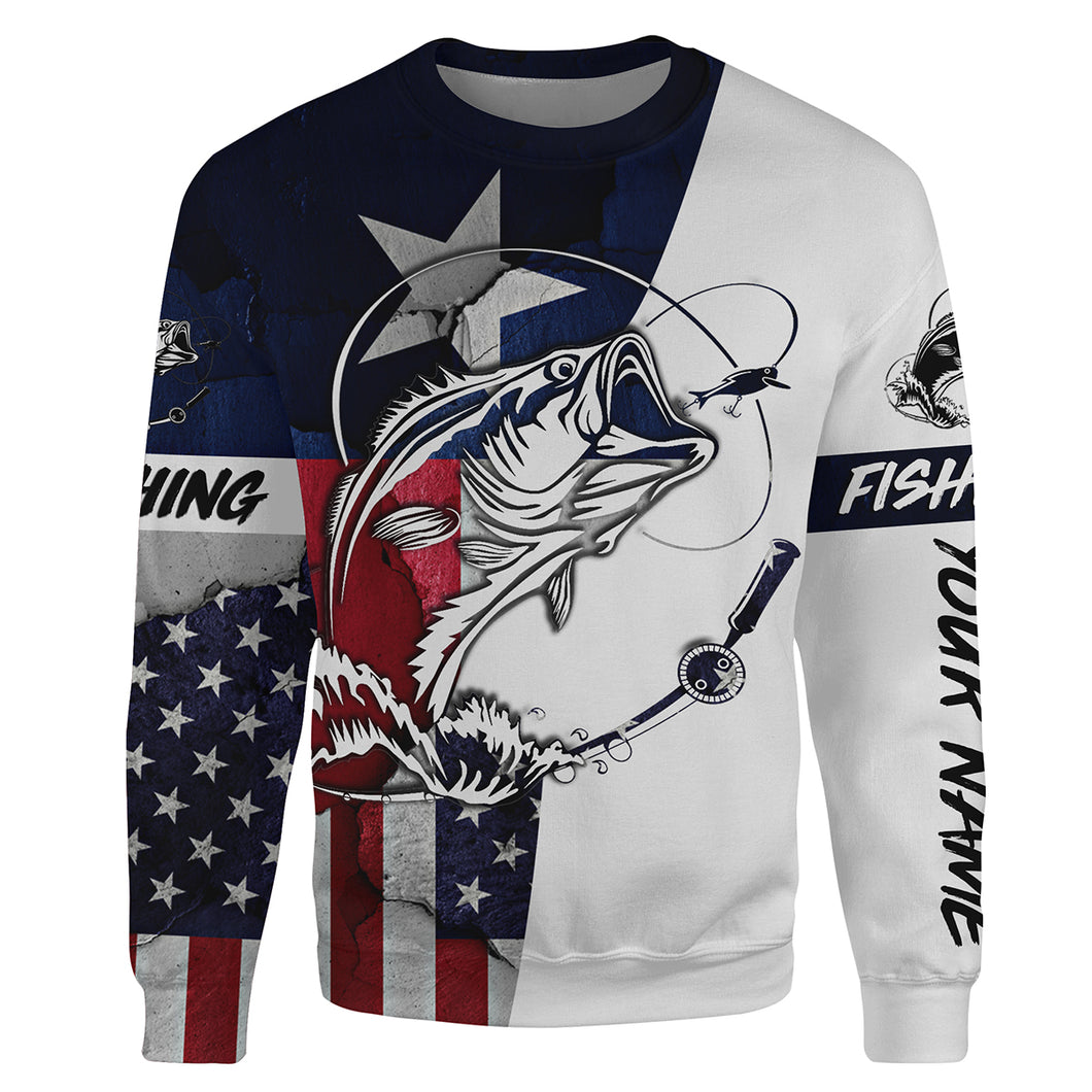 Bass Fishing Texas TX and USA flag 3D Full printing Shirts - Personalized Fishing gift Crew Neck Sweatshirt - SDF28