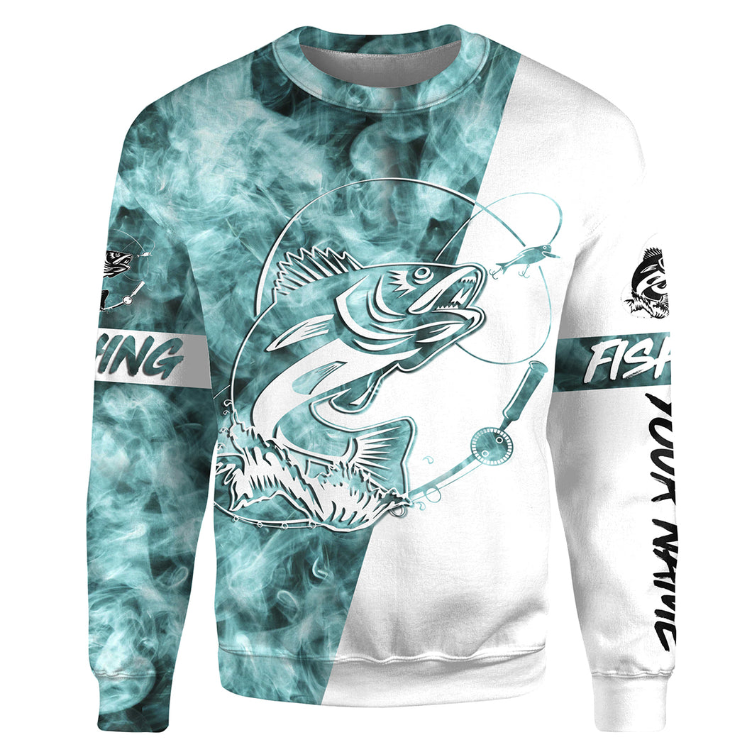 Walleye Fishing Blue Smoke 3D Customized Name Shirts For Fisherman Personalized Fishing Gifts | Sweatshirt - SDF81