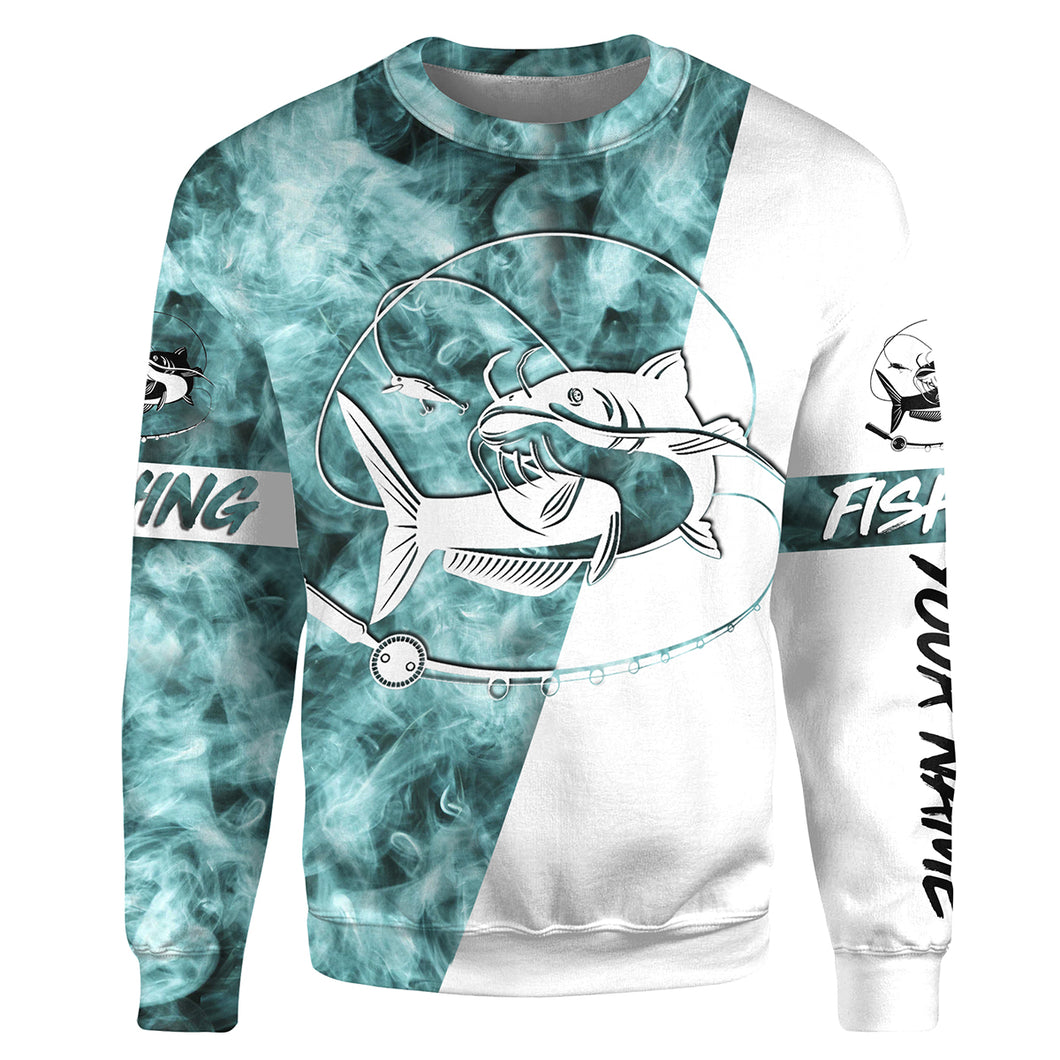 Catfish Fishing Blue Smoke 3D Customized Name Shirts For Fisherman Personalized Fishing Gifts | Sweatshirt - SDF82