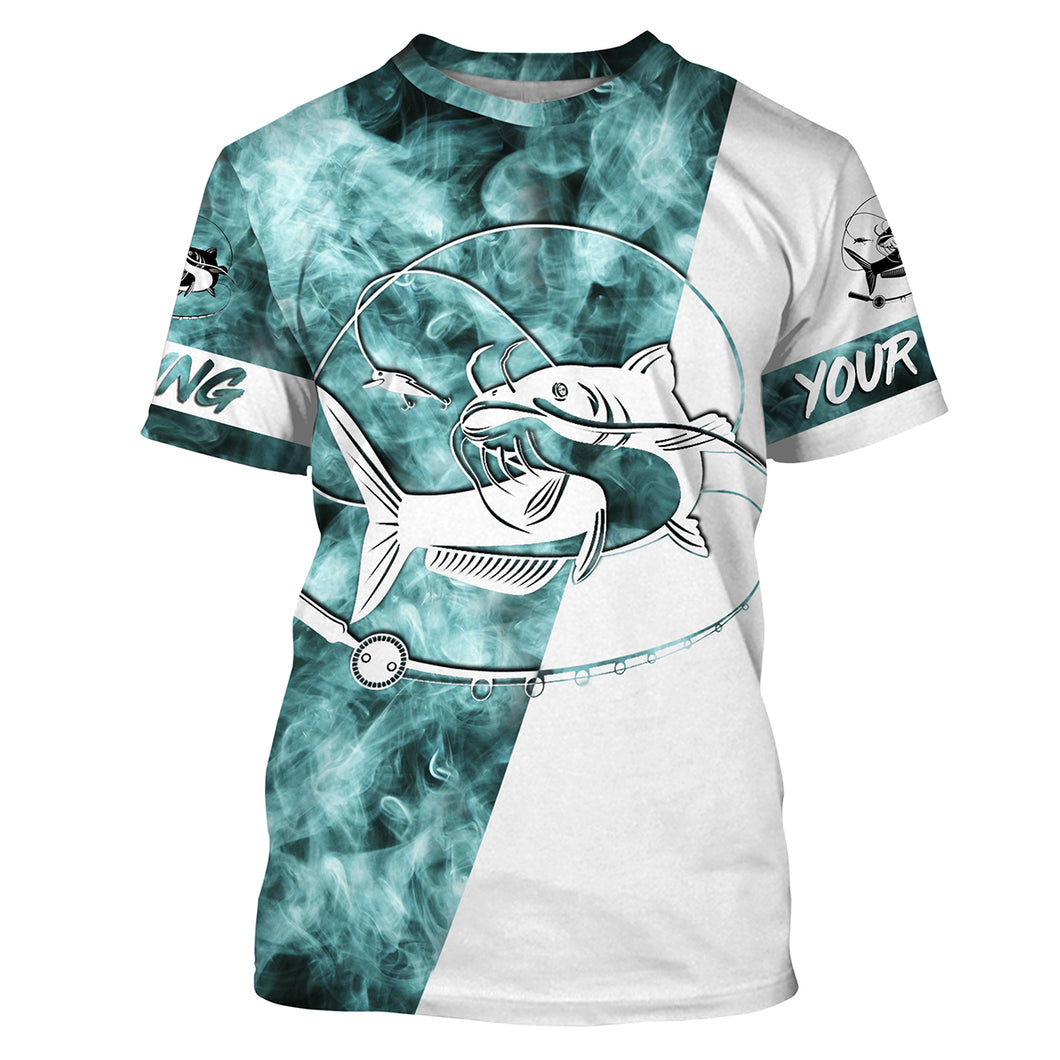 Catfish Fishing Blue Smoke 3D Customized Name Shirts For Fisherman Personalized Fishing Gifts | T-shirt - SDF82