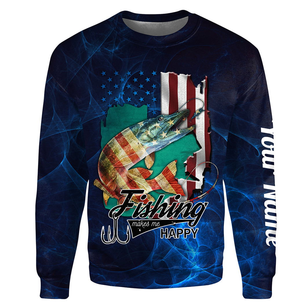Fishing makes me Happy American Flag Musky Fishing Custom name Full printing Sweatshirt, fishing gifts SDF88