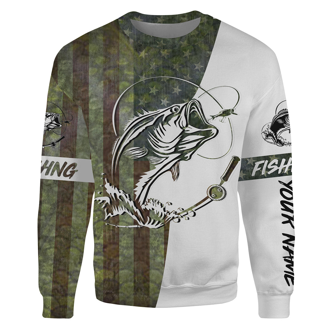 Fishing Shirt Green Bass Scales American USA Flag Customized Name Shirt | Sweatshirt - SDF131