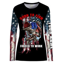 Load image into Gallery viewer, Womens Funny Fishing Shirt &quot;Born to Fish - Forced to Work&quot; US Flag Sun/UV Protection Long Sleeves - SDF3
