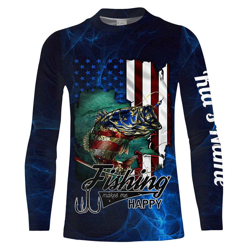 Kids Fishing makes me Happy American Flag Patriotic Largemouth Bass Fishing Long Sleeves - Personalized Gift SDF4
