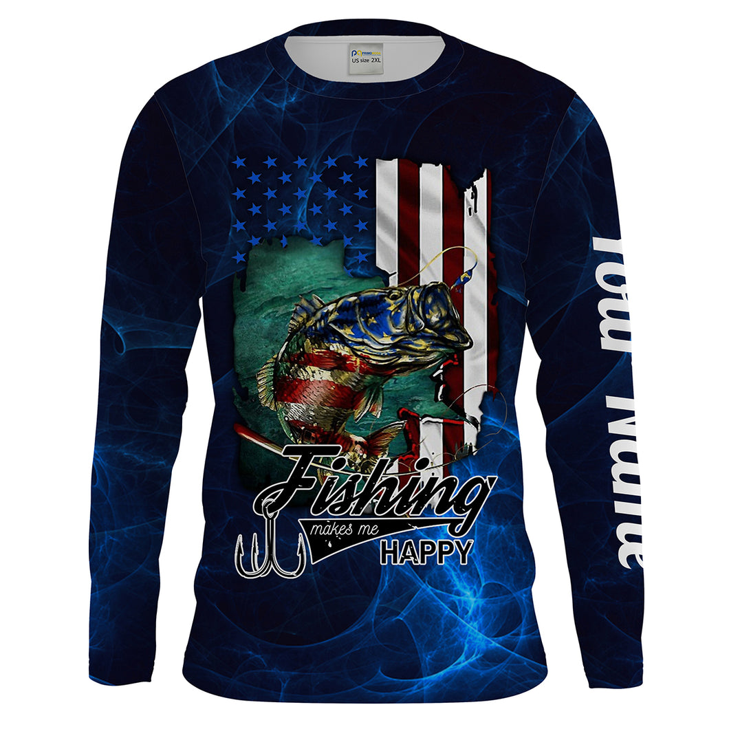 Mens Fishing makes me Happy American Flag Patriotic Largemouth Bass Fishing Long Sleeves - Personalized Gift SDF4