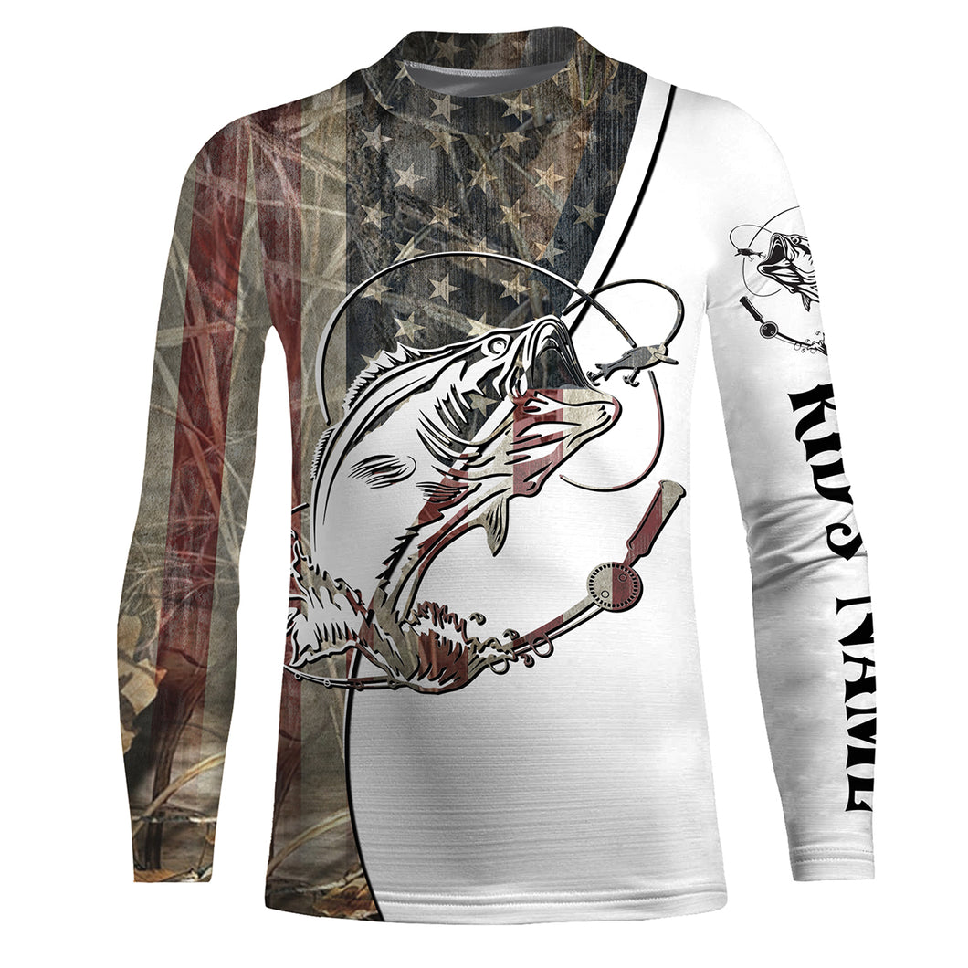 Largemouth Bass Fishing American USA Flag Camo Custom name full printing shirt | Kid Long Sleeve SDF158