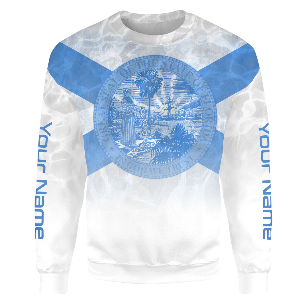 Florida Flag Performance Fishing Shirts, Personalized FL Fishing Custom Name All Over Printed Crew Neck Sweatshirt SDF80