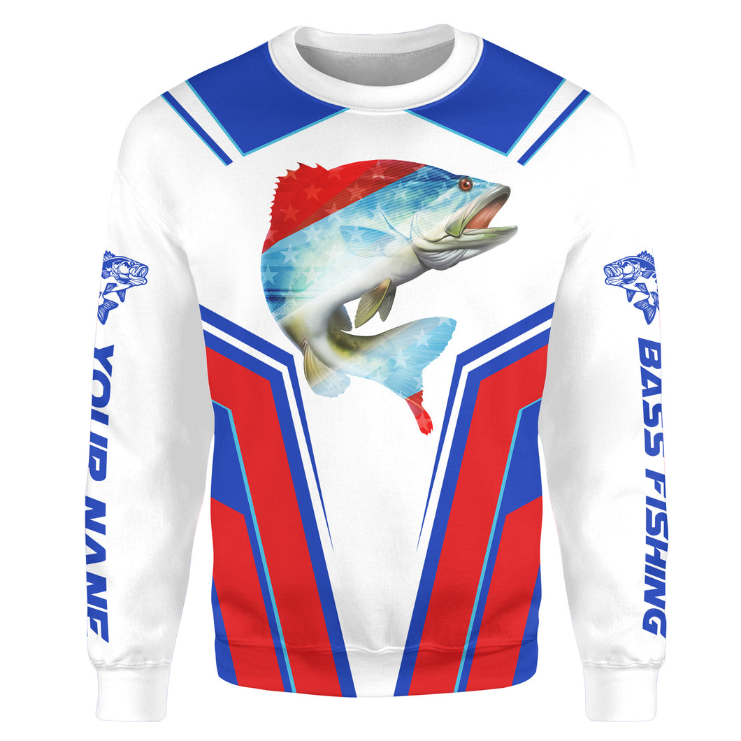 American Flag Largemouth Bass Fishing Patriotic Custom Name All Over Printed Crew Neck Sweatshirt SDF46