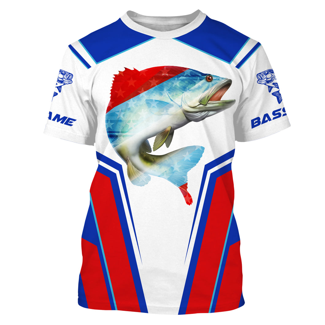 American Flag Largemouth Bass Fishing Patriotic Custom Name All Over Printed T-shirt SDF46