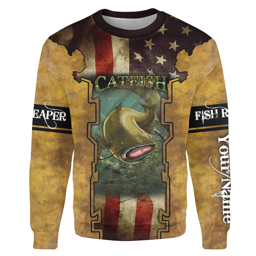 Flathead Catfish Fishing American flag Custom Name 3D All over print Shirt | Crew Neck Sweatshirt - SDF9
