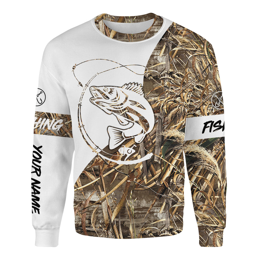 Walleye Fishing Camo Custom Name All Over Printed Crew Neck Sweatshirt Personalized Walleye Fishing Shirts - SDF35