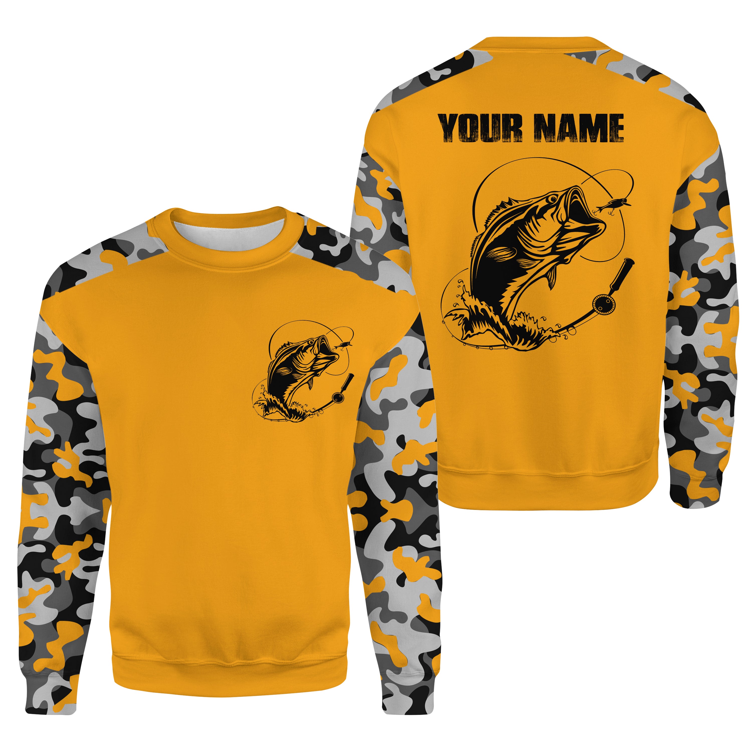 Custom Name Bass Fishing Camouflage Yellow Performance Fishing Shirt, Bass Fishing Jerseys - SDF130