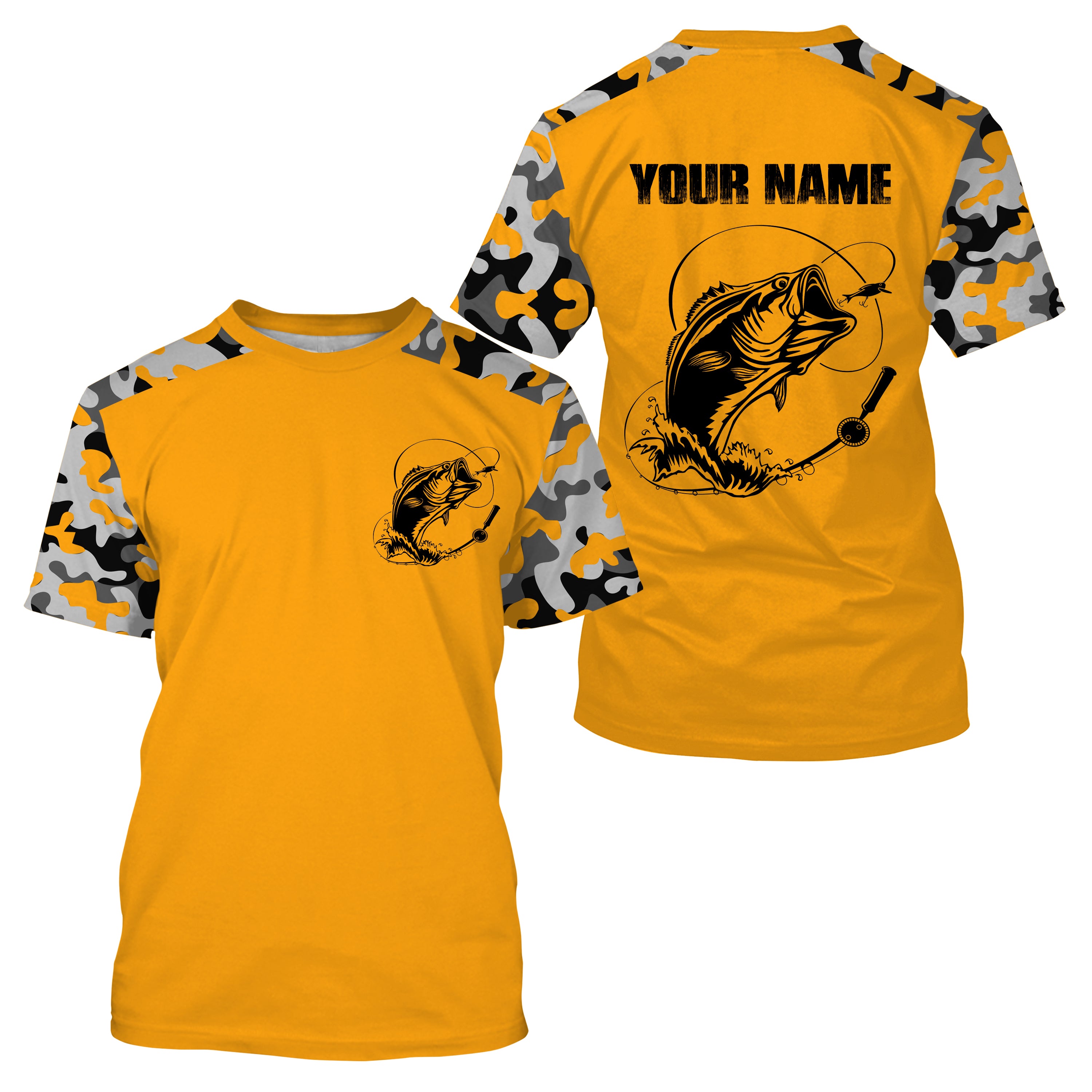 Custom Name Bass Fishing Camouflage Yellow Performance Fishing Shirt, Bass Fishing Jerseys - SDF130