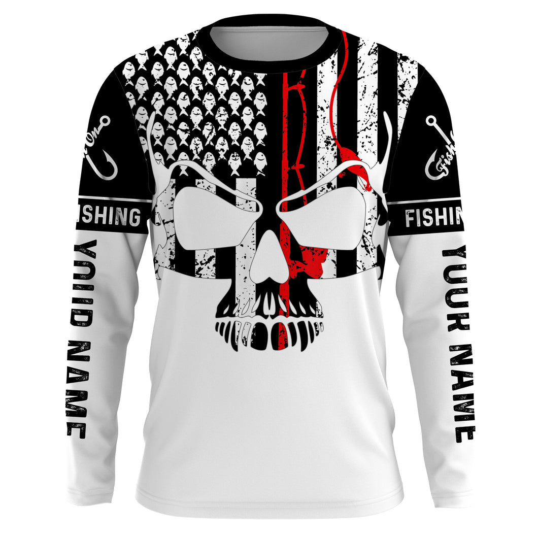 Vintage Fishing American Flag Skull Fishing Custom Name full print shirt | Long sleeve - SDF148