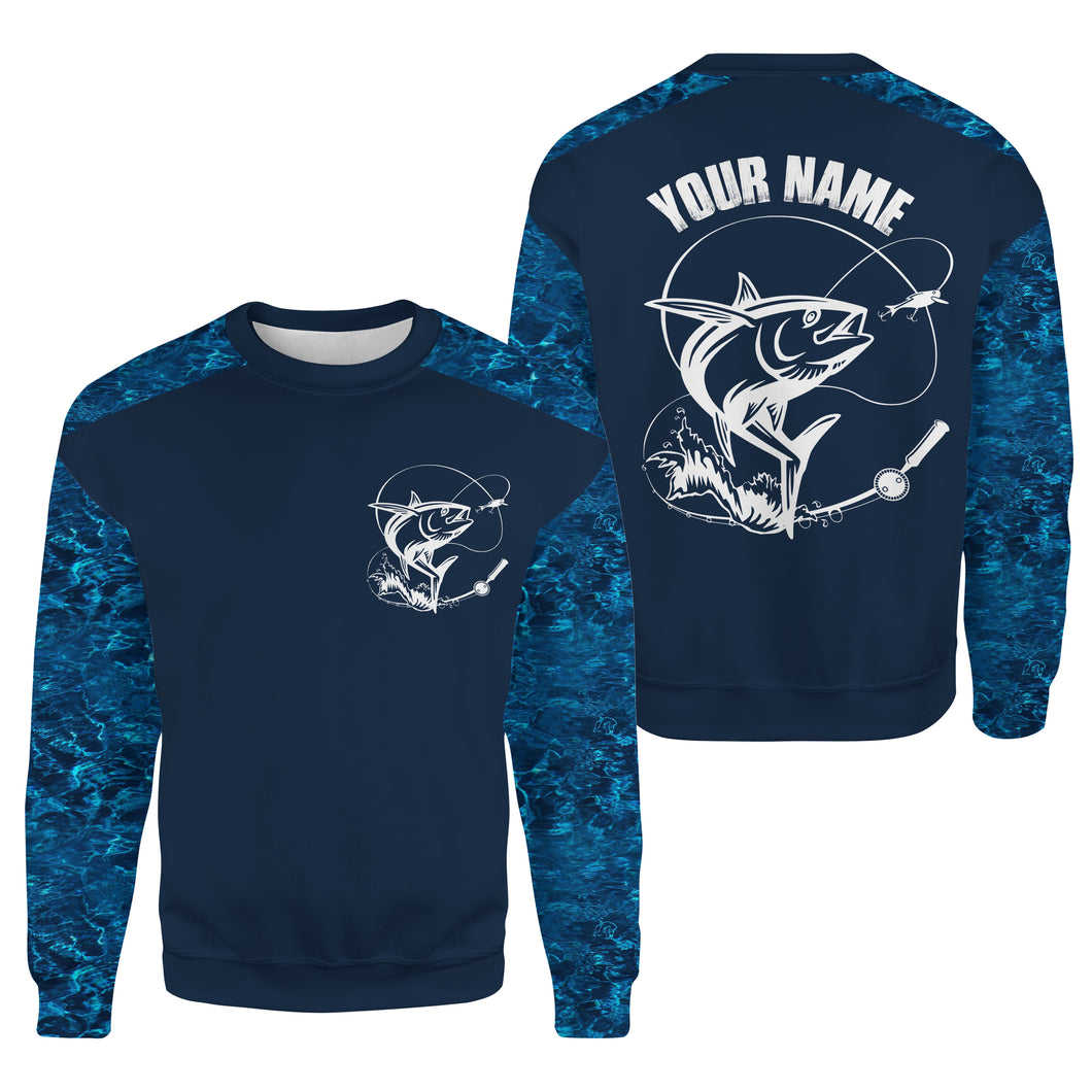 Custom Name Yellowfin Tuna Fishing Blue Camouflage Fishing Shirt | Crew Neck Sweatshirt SDF49