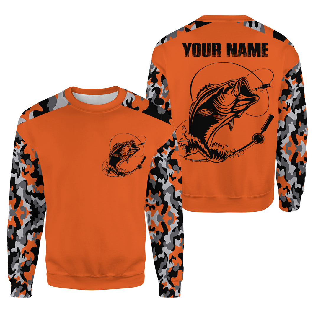 Custom Name Bass Fishing Camouflage Orange camo Fishing Shirt, Crew Neck Sweatshirt - Bass Fishing Jerseys - SDF32