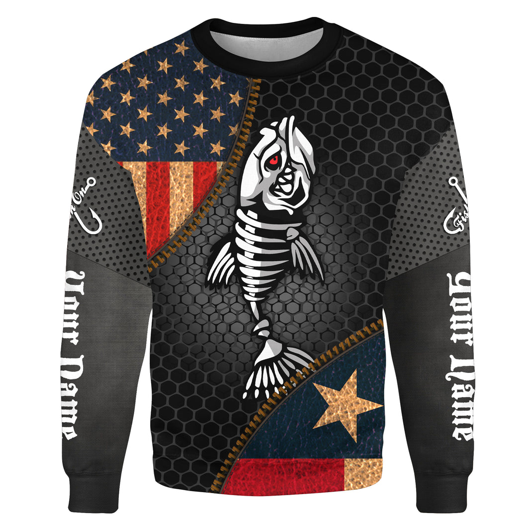 Custom Name Fish Skeleton Fishing Texas American Flag Tournament Fishing Apparel | Sweatshirt SDF64
