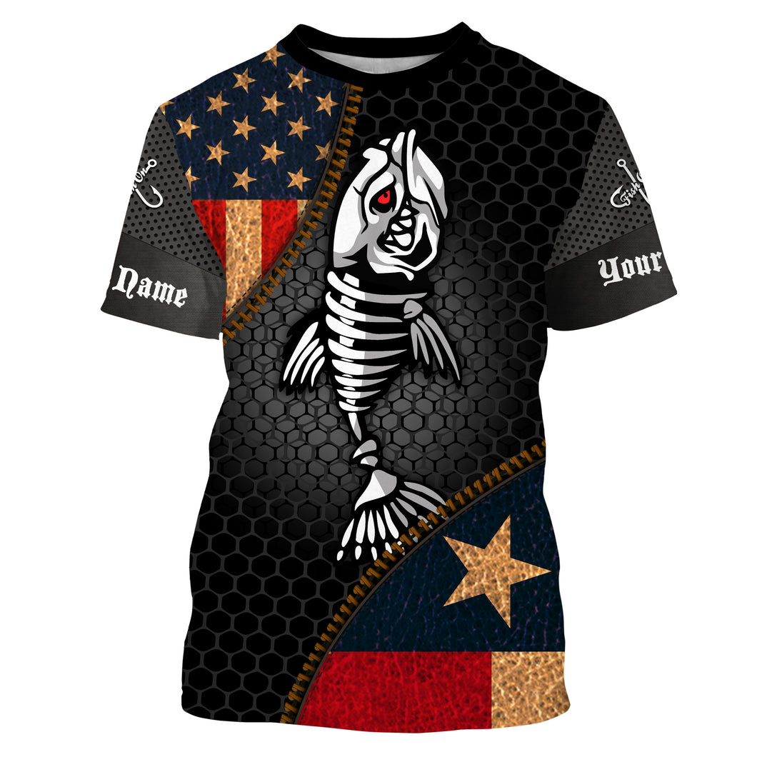 Custom Name Fish Skeleton Fishing Texas American Flag Tournament Fishing Apparel | T-shirt SDF64