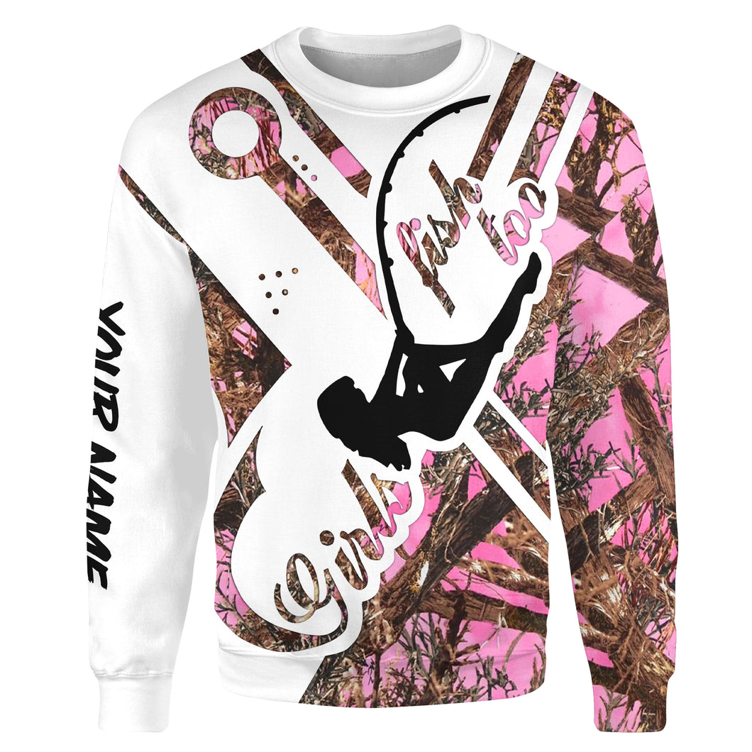 Women Fishing Shirt Girl Fish Too Pink Camo Custom Name All over printed Sweatshirt, Personalized Fishing Gifts - SDF112