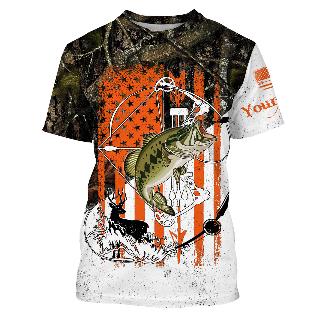 Fishing and Hunting American Flag Camo Bass and Deer Custom Name All Over Printed T-shirt, Personalized Gifts SDF70