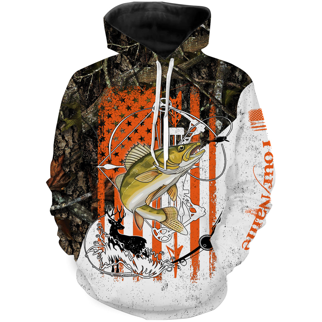 Fishing and Hunting American Flag Camo Walleye Fishing Custom Name 3D All Over Printed Hoodie, Personalized Gifts SDF71