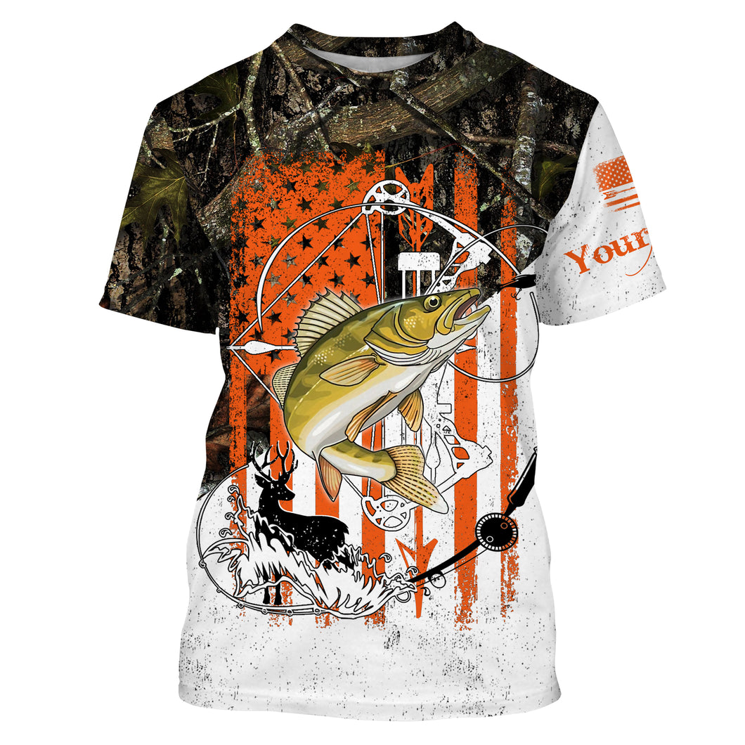 Fishing and Hunting American Flag Camo Walleye Fishing Custom Name 3D All Over Printed T-shirt, Personalized Gifts SDF71