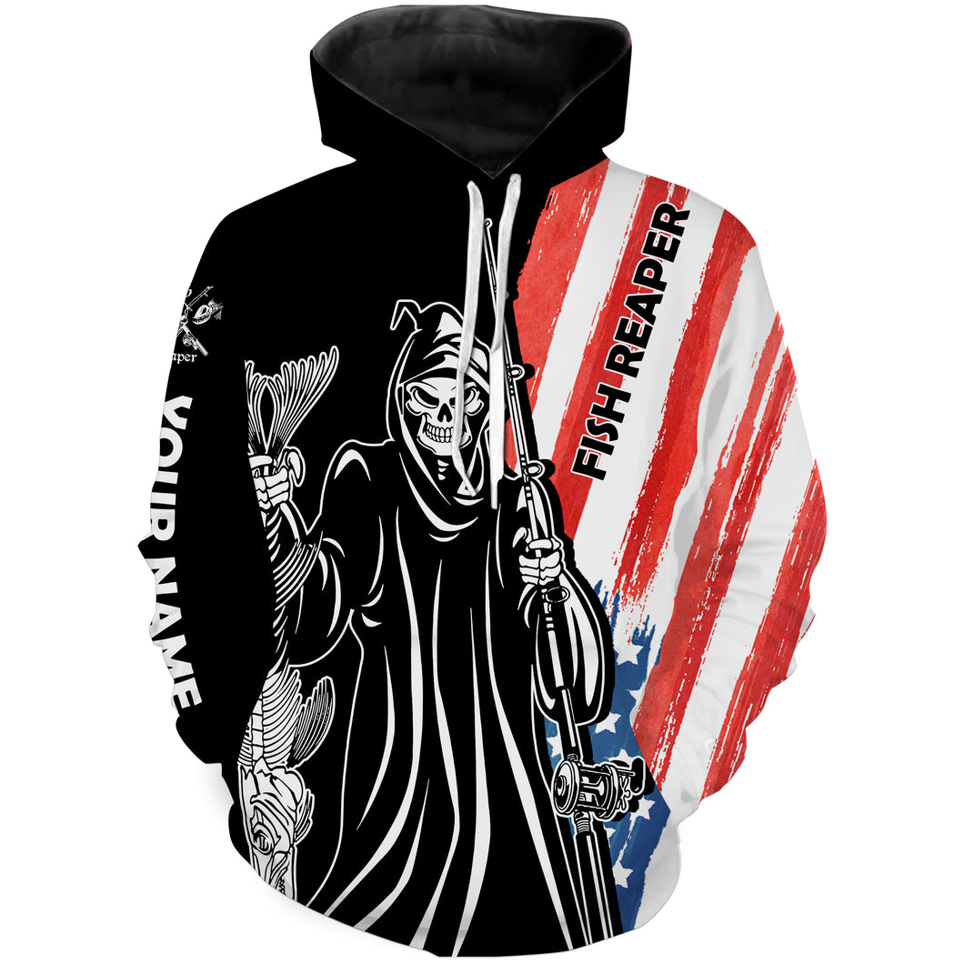 Fish Reaper American Flag Patriotic Custom Name All Over Printed Hoodie, Personalized Fishing Gifts - SDF36