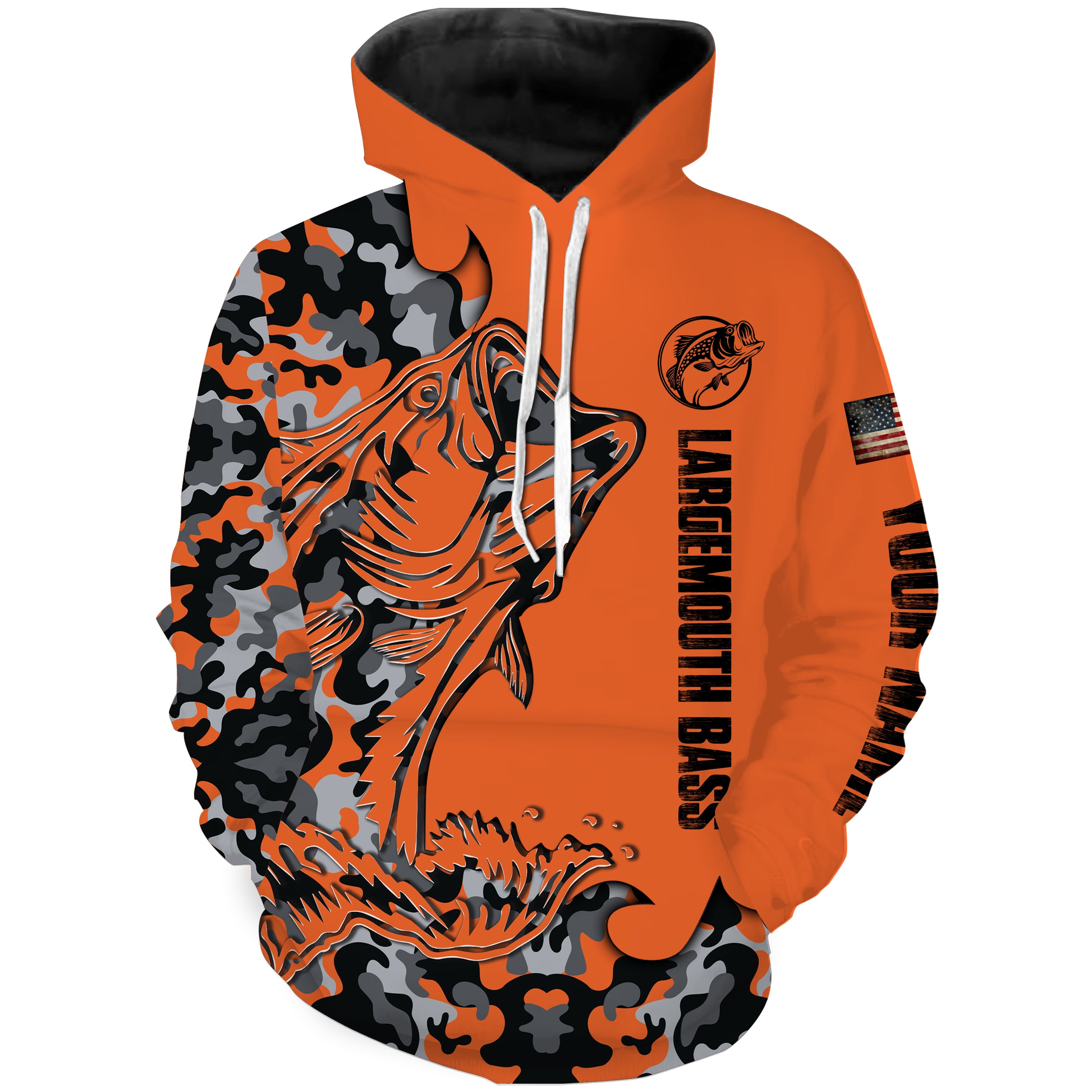 Largemouth Bass Fishing Orange Camouflage custom Name All over printed Hoodie, Fishing Apparel - SDF113