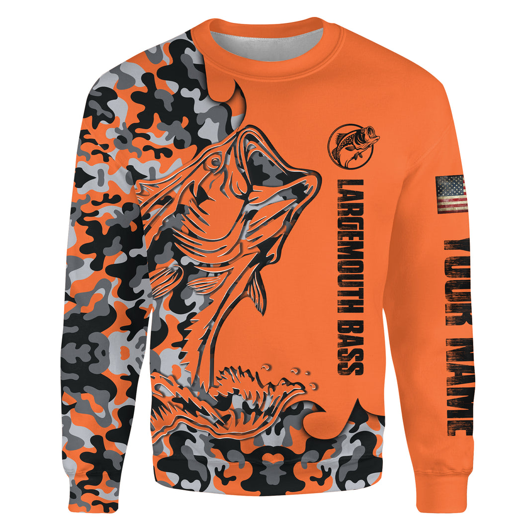Largemouth Bass Fishing Orange Camouflage custom Name All over printed Sweatshirt, Fishing Apparel - SDF113