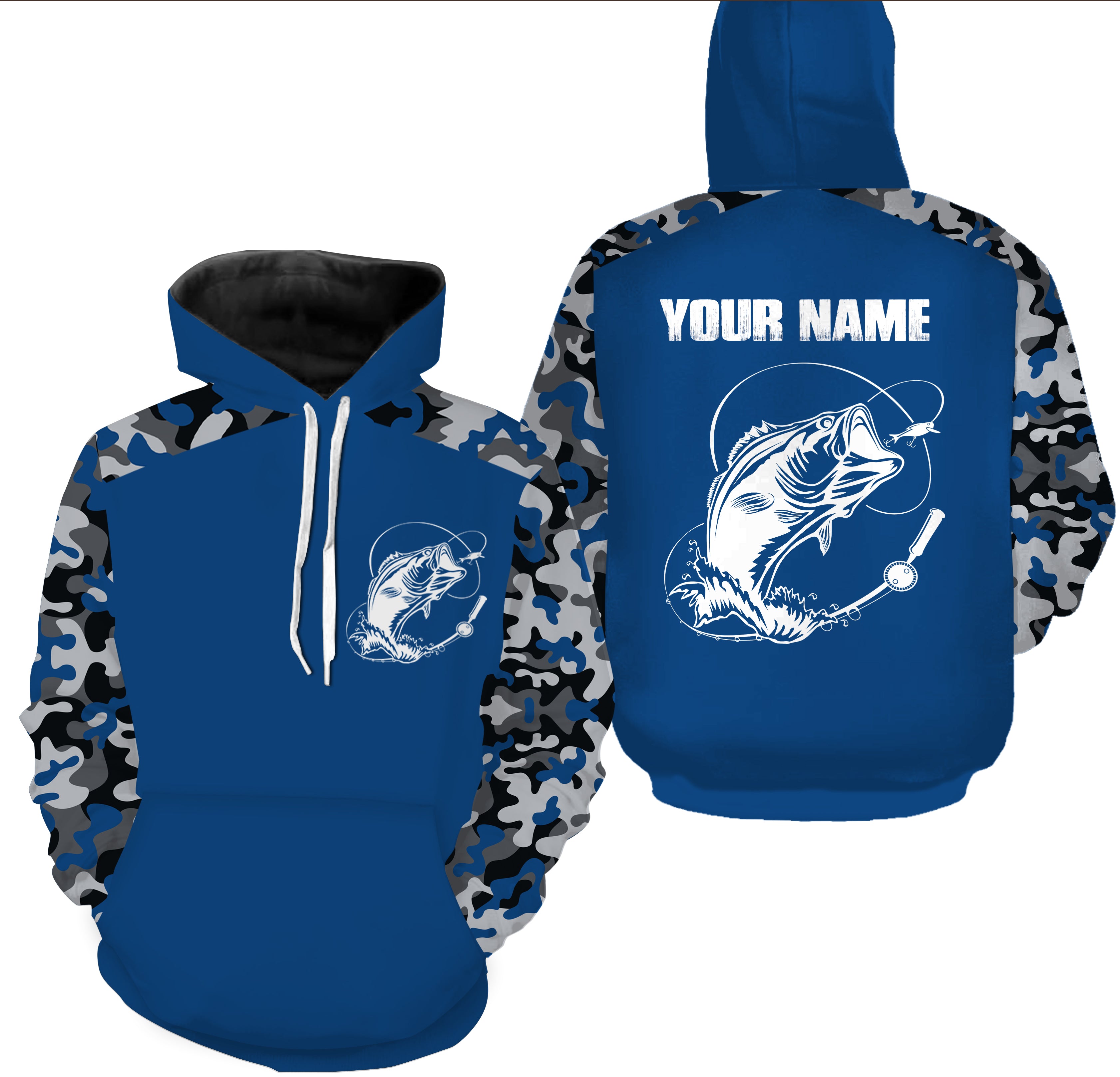 Custom Name Bass Fishing Camouflage Blue All Over Printed Hoodie, Bass Fishing Jerseys SDF73