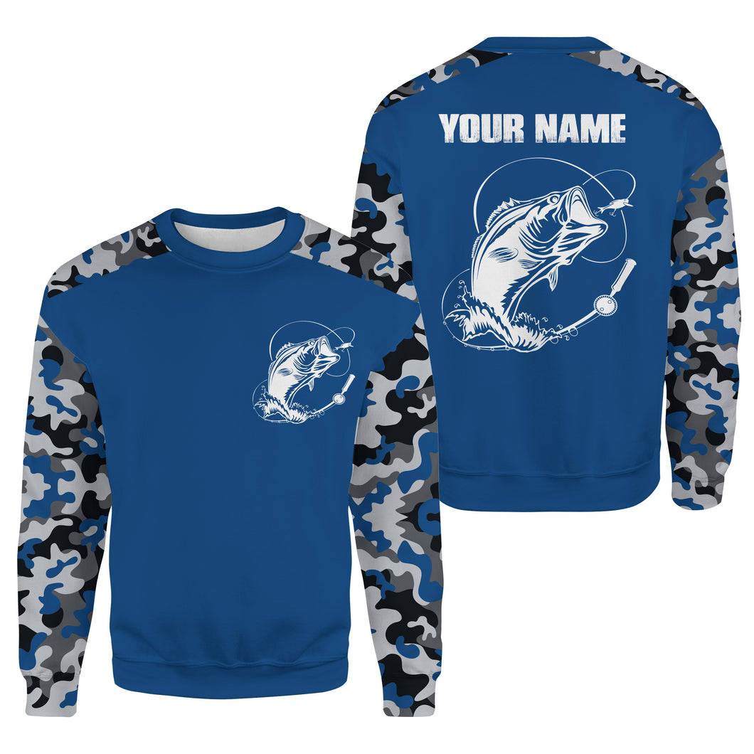 Custom Name Bass Fishing Camouflage Blue All Over Printed Sweatshirt, Bass Fishing Jerseys SDF73