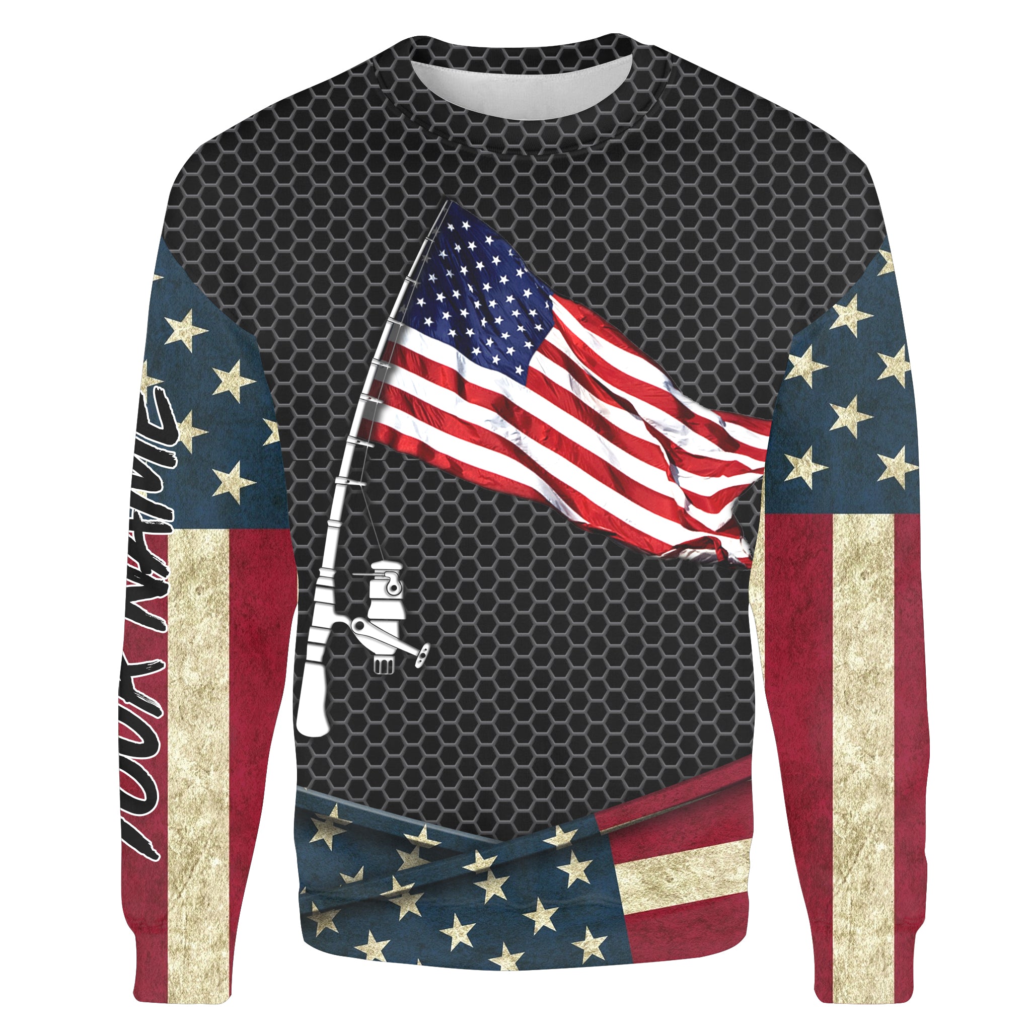 Fishing shirt American flag fishing rod Custom Name All Over Printing Crew Neck Sweatshirt Personalized fishing gifts ideas - SDF23