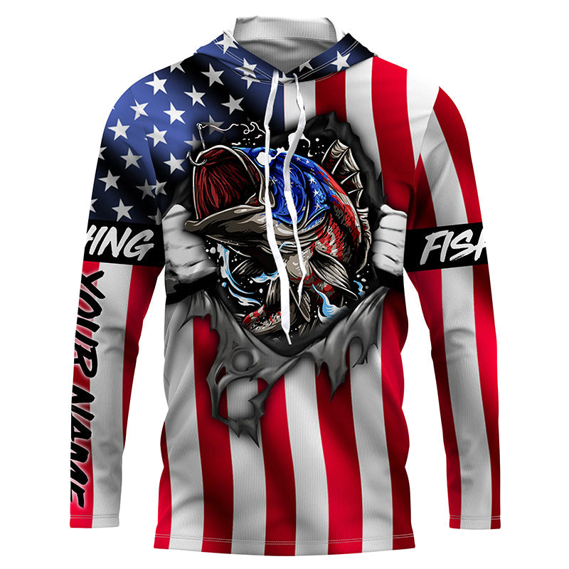 Bass American Flag Custom Long Sleeve Fishing Shirts, Bass Fishing Hoodie TTS0653