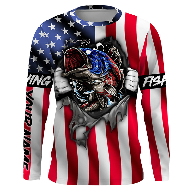 Bass American Flag Custom Long Sleeve Fishing Shirts, Bass Fishing Hoodie TTS0653