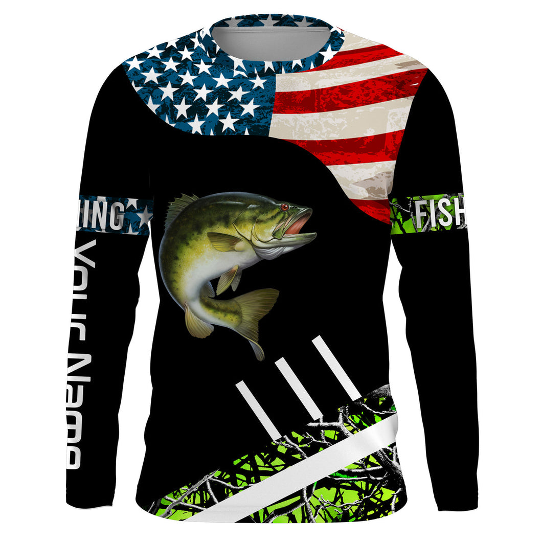 Bass American Flag Custom Long Sleeve Fishing Shirts, Patriotic Fishing gifts  TTS0078