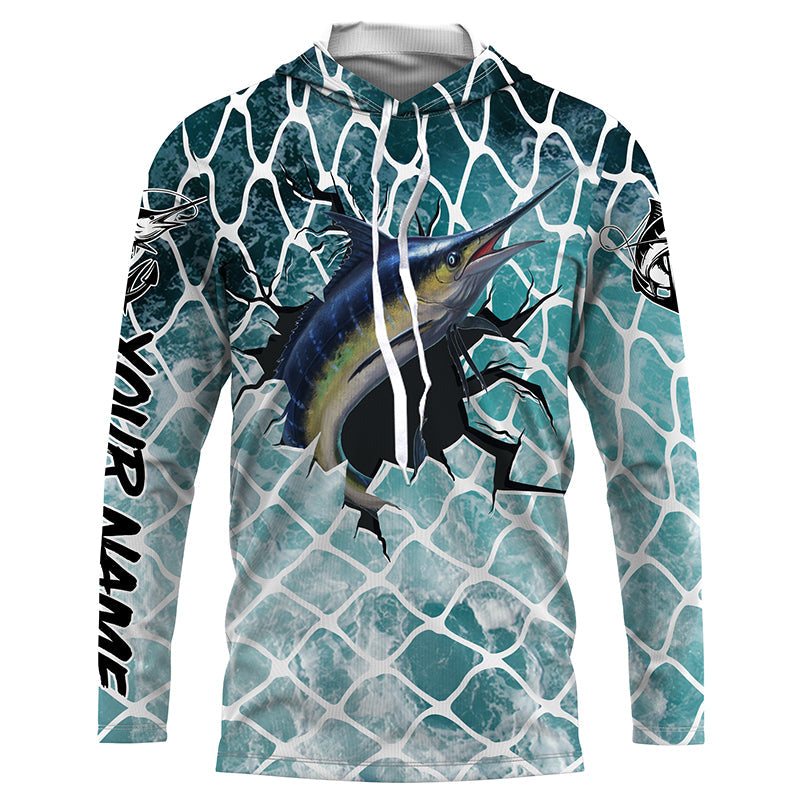 Marlin Fishing blue sea background Custom long sleeve performance fishing shirts TTS0160