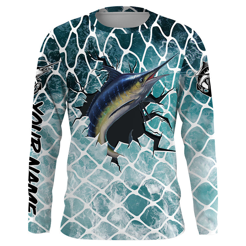 Marlin Fishing blue sea background Custom long sleeve performance fishing shirts TTS0160