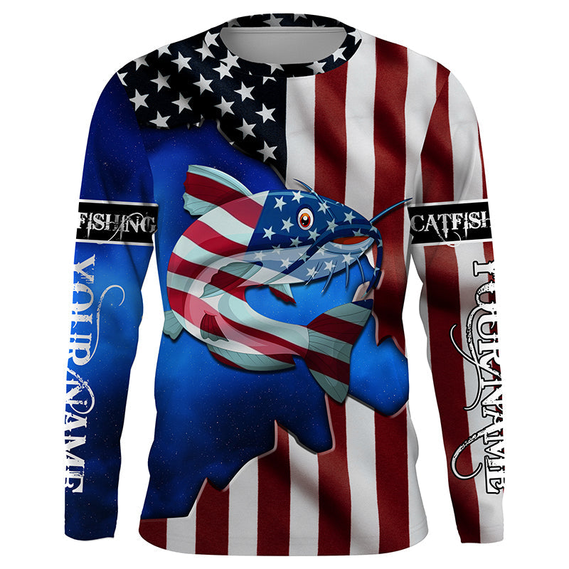 American Flag Catfish Fishing Custom Long sleeve performance Fishing Shirts TTS0162