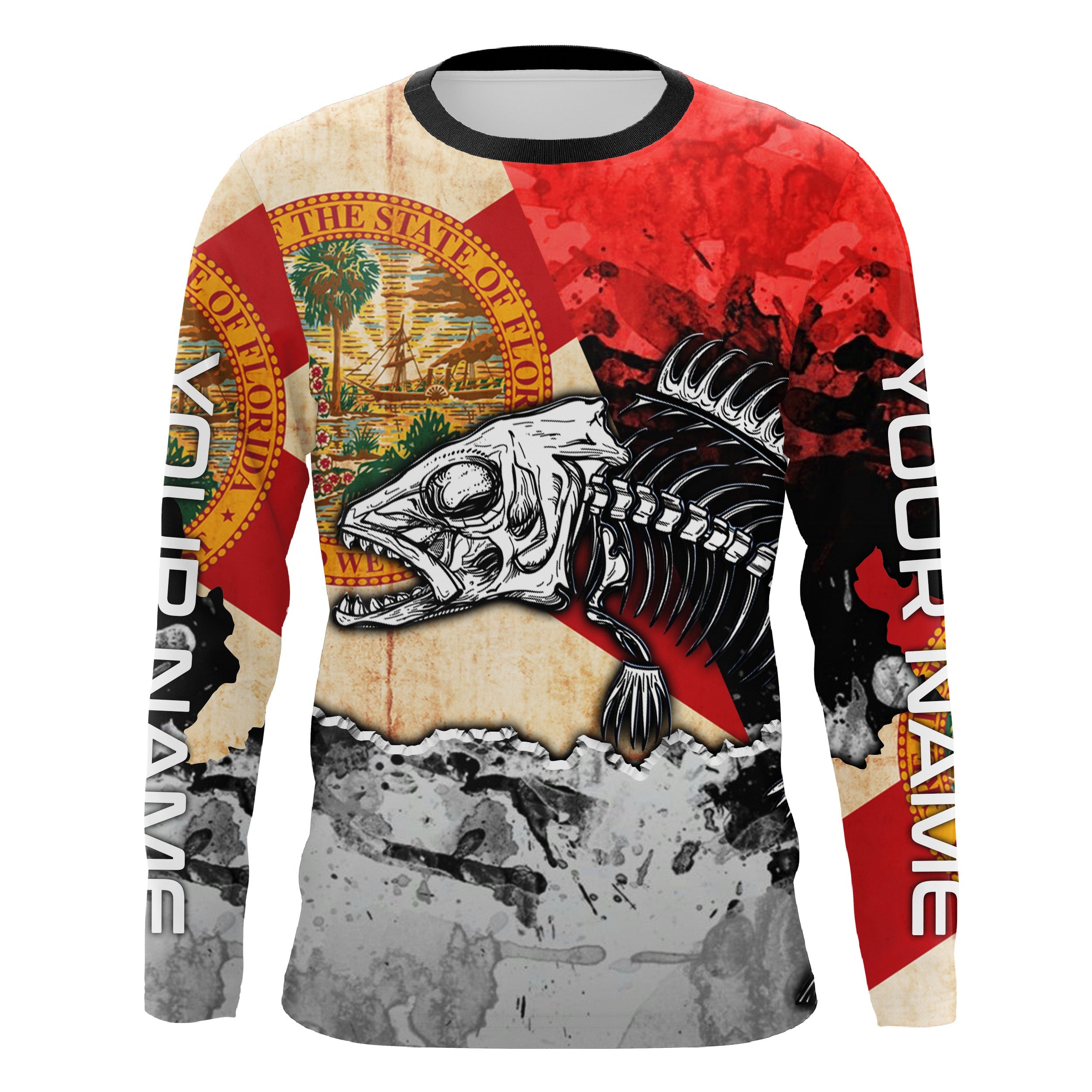 Florida Flag Fish Skeleton Custom name Long Sleeve tournament Fishing jerseys Shirts UPF 30+ for Fisherman TTS0408