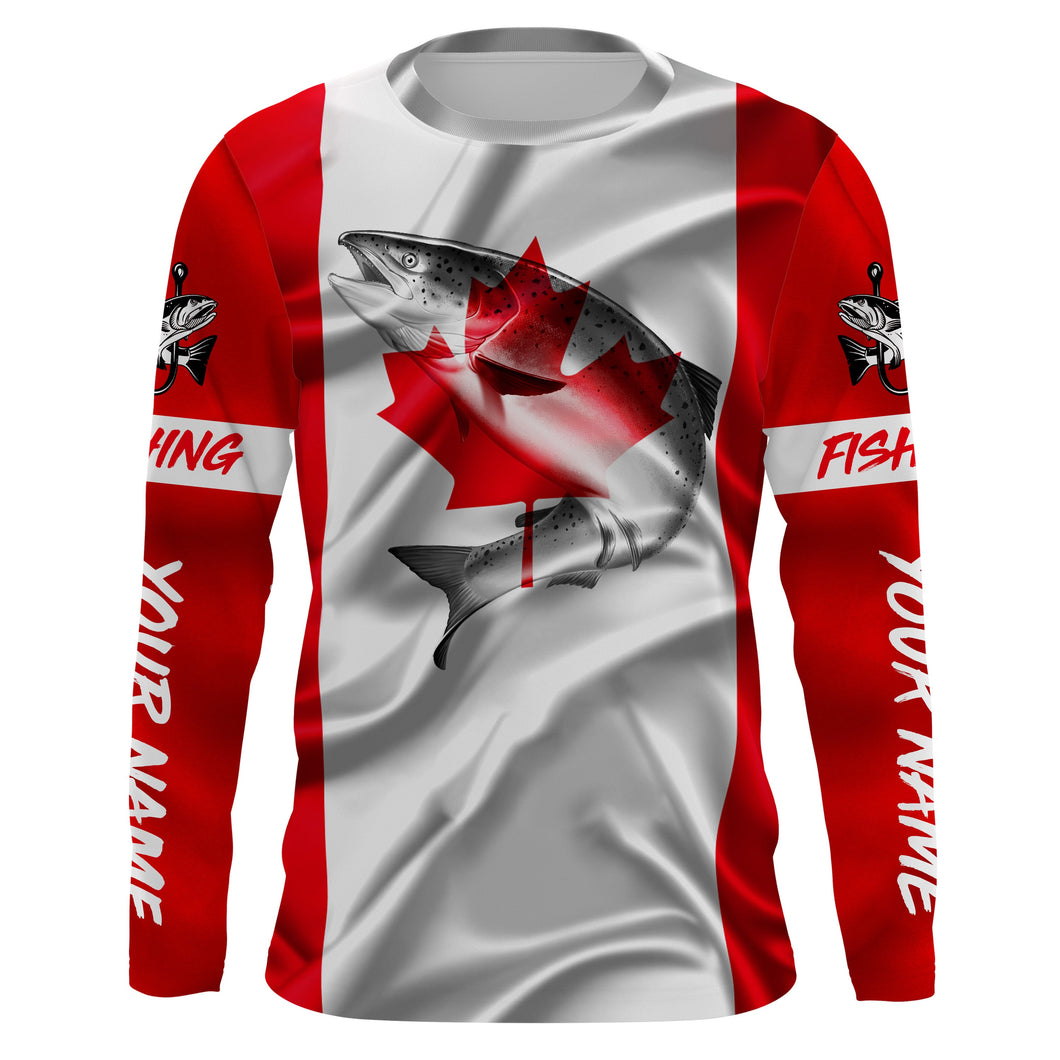 Canada Flag Chinook Salmon Fishing Custom Long Sleeve Fishing Shirts, Patriotic Fishing gifts TTS0154