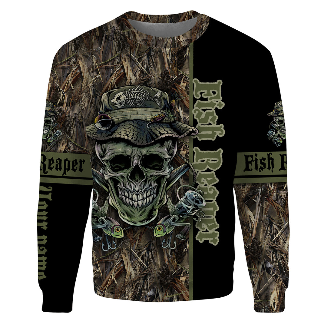 Fish Reaper lake Camo black Customize name 3D All-over Print Crew Neck Sweatshirt, personalized fishing gift ideas NPQ18